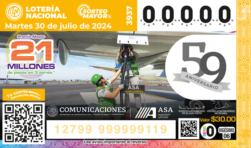 Billete de Lotería Nacional enmarca 59 años de Aeropuertos y Servicios Auxiliares